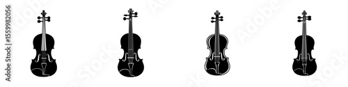 Silhouette pictogram set showcasing various styles of violins in a minimalist design suitable for music-related themes