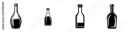 Silhouette pictograms of various bottle shapes showing dark liquid content for design and informational use