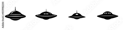Silhouette pictogram set of various UFO designs representing unidentified flying objects
