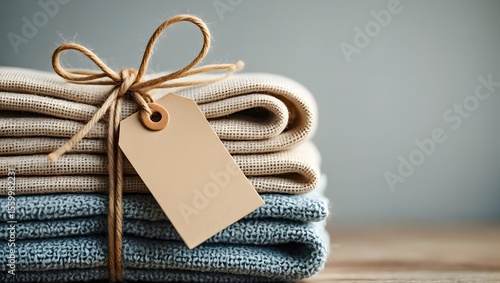 Stacked folded towels with tag mockup for branding and product presentation linen and cotton fabric