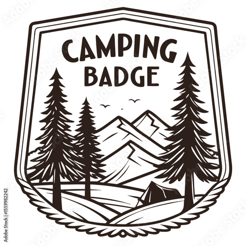 Camping badge design featuring Mountains, Pines, and a Tent