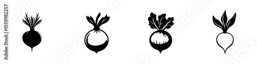 Variety of turnip silhouettes depicted as black and white pictograms for food, agriculture and design purposes