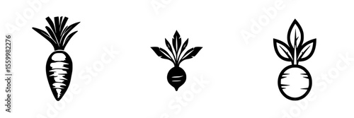 Unique silhouettes of carrots and radishes as isolated vector icons for graphic design projects and food-related themes