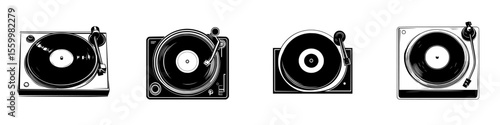 Silhouette pictograms of turntables with vinyl records showcasing vintage audio equipment collection views