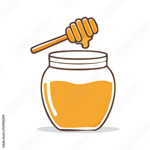Honey in glass jar, flowers, bee and wooden honey dipper isolated on white background. 