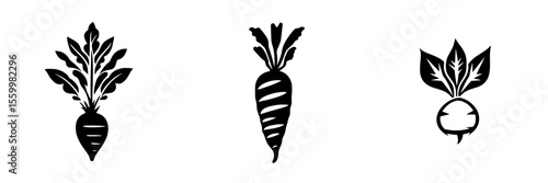 Stylized silhouette pictograms of vegetables showcasing carrots and radishes in varying designs and details