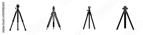 Silhouette vector icons set showcasing various tripod designs for photography, surveying, and equipment support