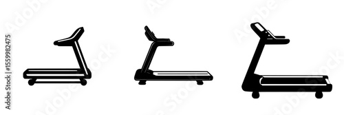 Collection of silhouette pictograms representing various types of treadmills for fitness and exercise activities