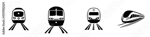 Collection of silhouette pictograms depicting various train types on tracks in a minimalist style