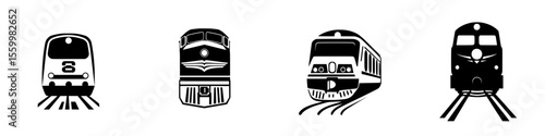 Silhouette pictogram icons set showcasing various train designs for transportation themes
