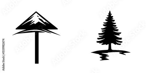 Silhouette pictograms showcasing a mountain peak signpost and a pine tree isolated on a white background for outdoor activities