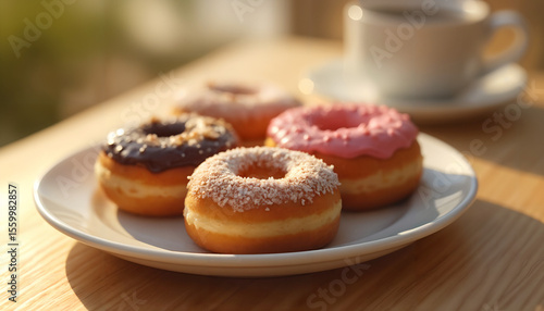 Wallpaper Mural 太陽の光が差し込むカラフルなドーナツとコーヒー Torontodigital.ca