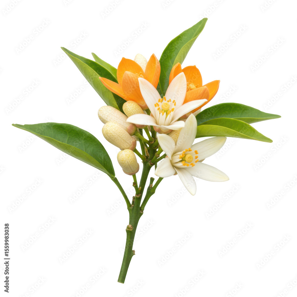 Obraz premium Orange and white citrus flowers with green leaves on a branch 
