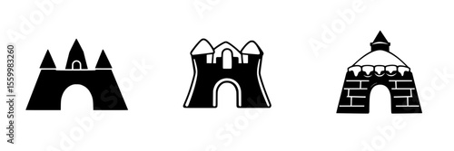 Silhouette pictograms of various castle designs displayed in a simple vector format for graphic applications