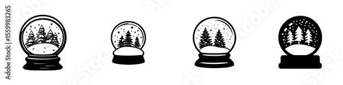 Silhouette pictogram set of snow globes depicting winter scenes with trees and snow