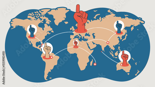 raised fists connected across a world map, vector illustration for global protest, international solidarity and social activism network