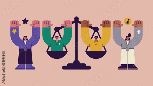 diverse people holding up scales of justice in balance, vector illustration for gender equality, empowering all genders and workplace equity