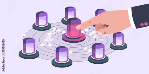 manager's hand selecting central node in a network, vector illustration for impact analysis, change management and strategic system intervention