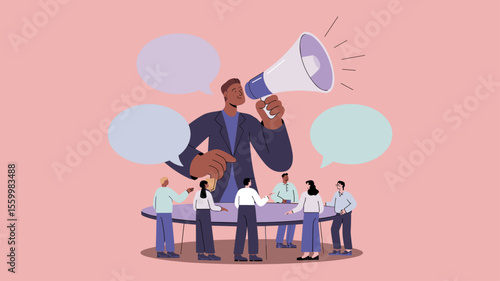 inclusive leader with megaphone amplifying voices of a diverse team at meeting, vector illustration for inclusive leadership, corporate communication and public speaking