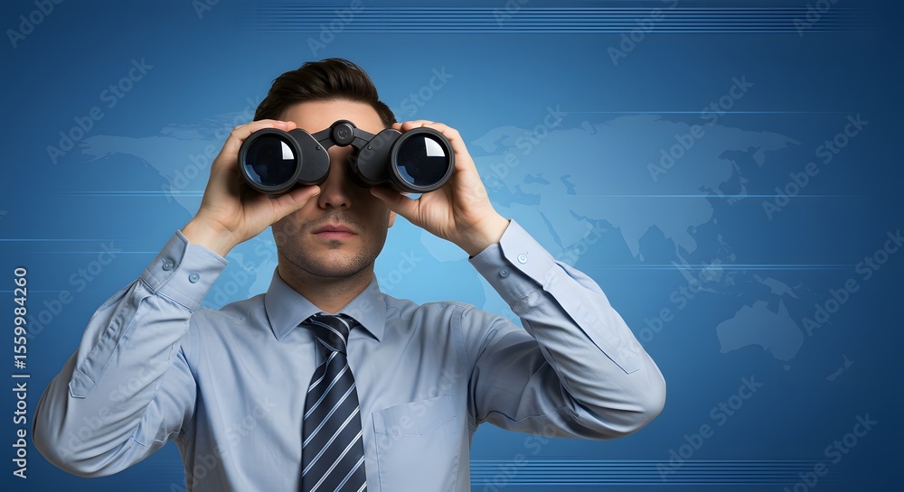 Businessman Holding Binoculars with Global Strategy Concept Businessman Holding Binoculars with Global Strategy Concept