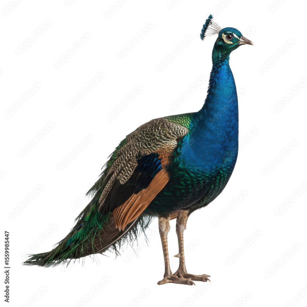 Obraz premium Peacock standing with vibrant plumage on white background 