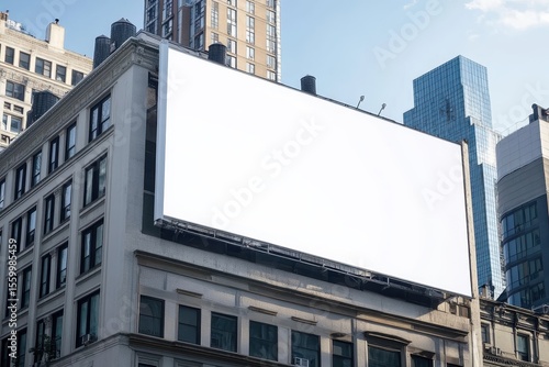 A wide white billboard on top of a building, in new york, mockup, A large white billboard on a New York building, displaying a mockup, with city skyline visible in the background