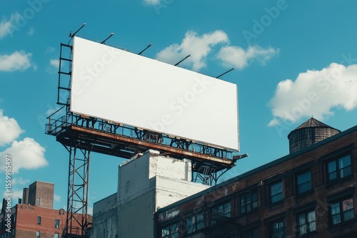 A wide white billboard on top of a building, in new york, mockup, A large white billboard on a New York building, displaying a mockup, with city skyline visible in the background