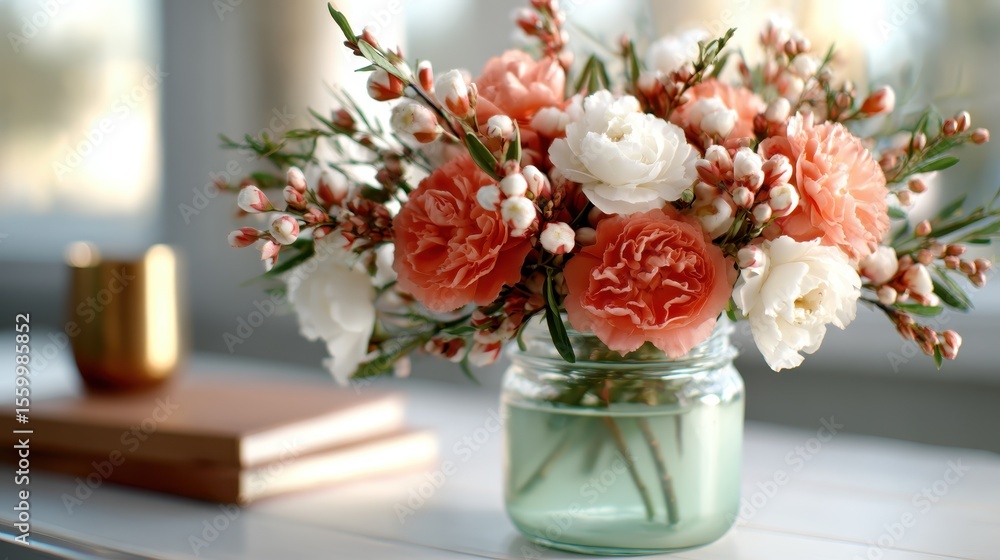 Fototapeta premium A stunning bouquet of peach and white flowers elegantly arranged in a clear glass vase, capturing the essence of natural beauty and celebration in vibrant colors.