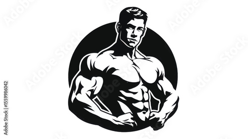 Strong bodybuilder posing with defined muscles and black circular background