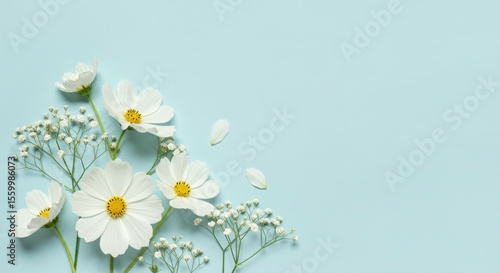 Arrangement of White Flowers on Light Blue Background