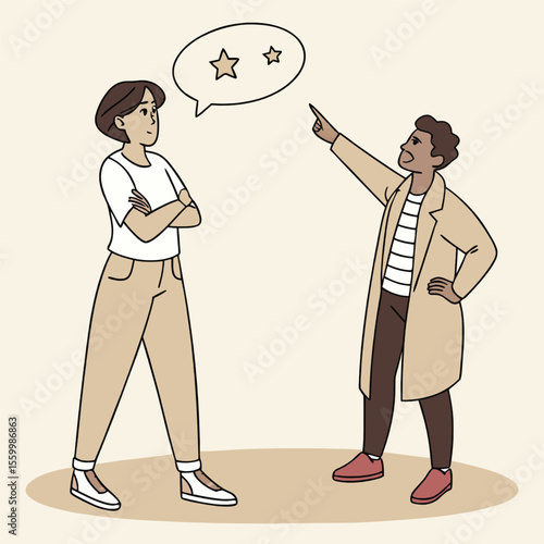 Two people discussing stars and success with disagreement or differing ideas