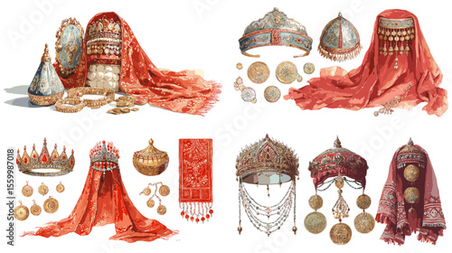 Traditional bridal accessory set with red veils, gold jewelry, crowns, and headpieces, drawn in ornate and elegant hand-drawn style.


