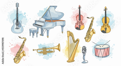 Watercolor Musical Instruments Clipart Set