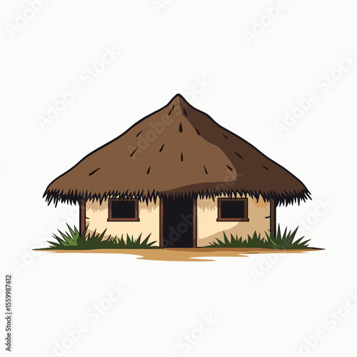 Cartoon Illustration of a Simple Thatched Hut with Small Windows and Grass Surrounding It, Isolated on White