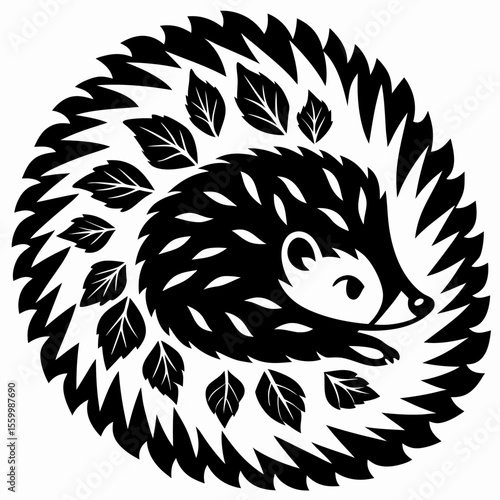 Curled Hedgehog with Leaves Illustration
