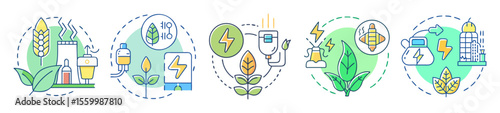 Vector Set of Bioenergy and Renewable Energy Icons in Circle Style