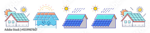 Icons of solar panel energy being affected by sun and rain elements