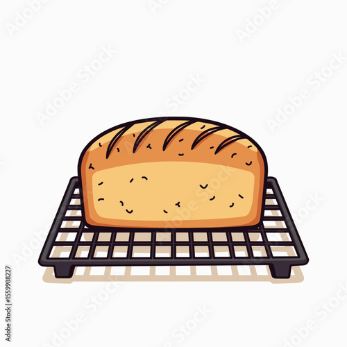 Cartoon Loaf of Bread on a Black Cooling Rack Illustration, Freshly Baked and Delicious