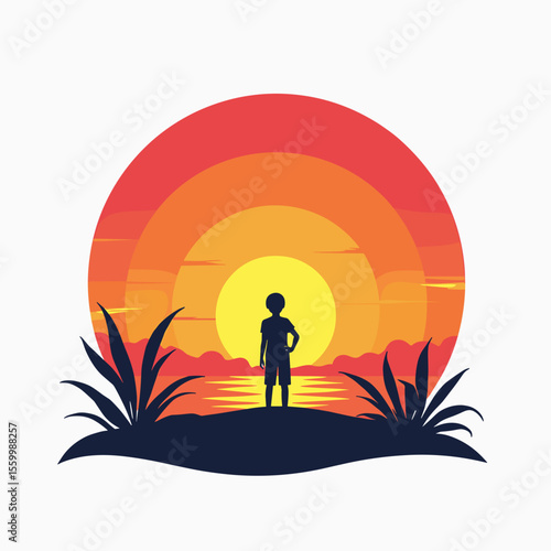 Silhouette of a Boy Standing on a Hill Gazing at a Vibrant Sunset Landscape Illustration