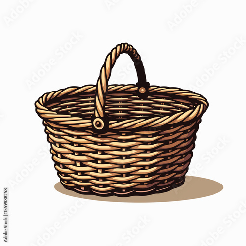 Woven Basket Illustration with Handle, Empty Container for Picnic or Storage, Isolated on White Background