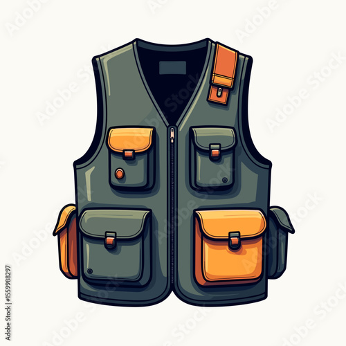 Cartoon Style Fishing Vest Illustration with Multiple Pockets and Orange Accents, Isolated on White Background