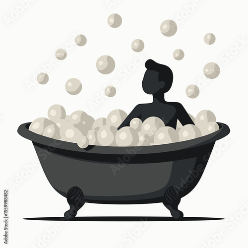 Stylized Illustration of a Person Relaxing in a Bathtub Full of Bubbles in a Minimalist Style