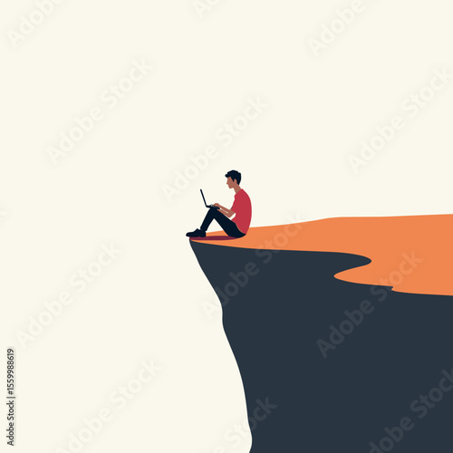 Person Sitting on Cliff Edge Using Laptop, Contemplative Digital Nomad Lifestyle Illustration
