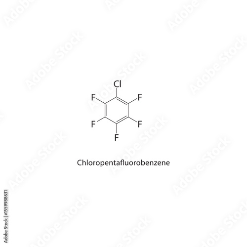 Chloropentafluorobenzene skeletal structure. Halogenated Aromatic Compound compound schematic illustration. Simple diagram, chemical formula.