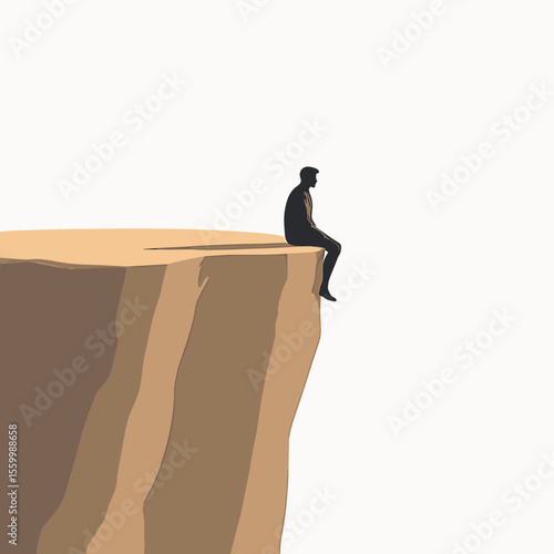 Silhouette of a Man Sitting on the Edge of a Cliff Contemplating Life, Minimalist Illustration