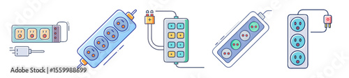 Multiple electrical power strips and outlets of different shapes and sizes illustration