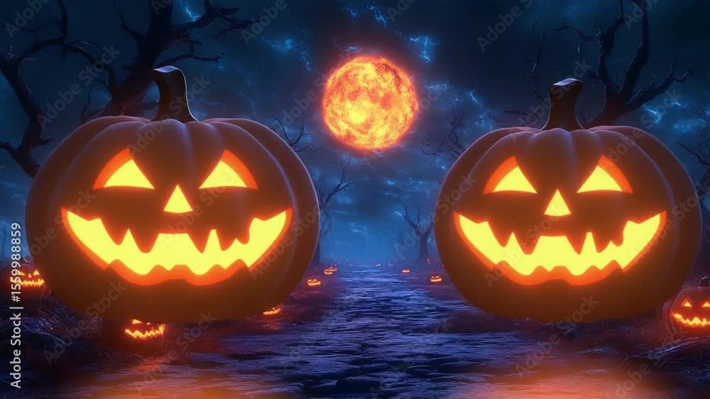 dark halloween forest with glowing pumpkins and dark halloween moon and dark spooky night, eerie Halloween full moon scene, spooky horror night forest dark halloween forest with glowing pumpkins and dark halloween moon and dark spooky night, eerie Halloween full moon scene, spooky horror night forest
