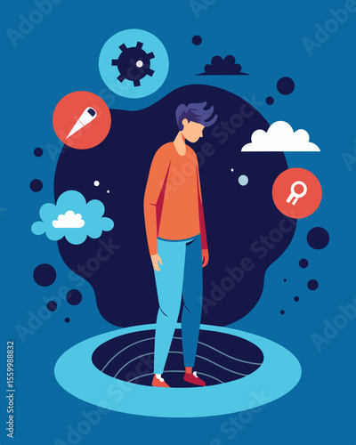 A person ped in a deep pit of selfdoubt and insecurity the avalanche of negative thoughts and words constantly weighing them down.. Vector illustration