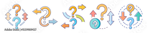 Stylized question mark icons with arrows pointing in different directions expressing uncertainty