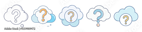 Clouds with Question Marks Illustration Set, Representing Uncertainty and Seeking Information